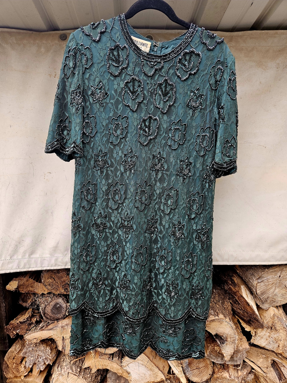 Vintage 1990s Brilliante Green GLASS BEADED Lace Tiered Prom Dress Floral LACE